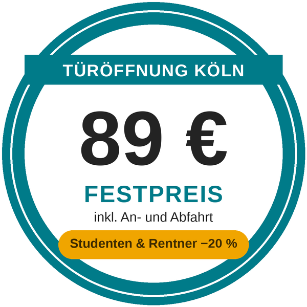 Schlüsseldienst Köln Festpreis 89 € inkl. An- und Abfahrt - Studenten und Rentner 20 % Rabatt